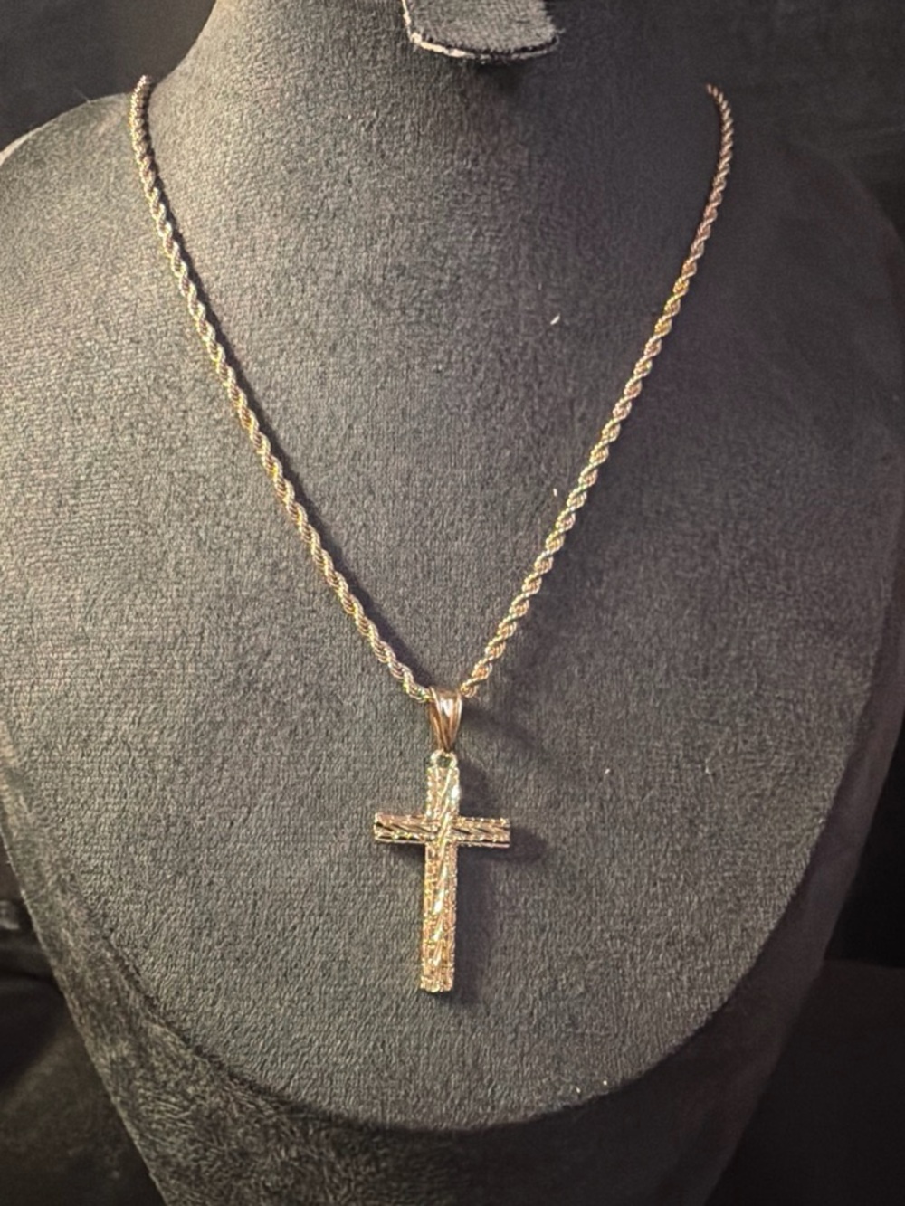 Textured Gold Cross Pendant Necklace on Rope Chain